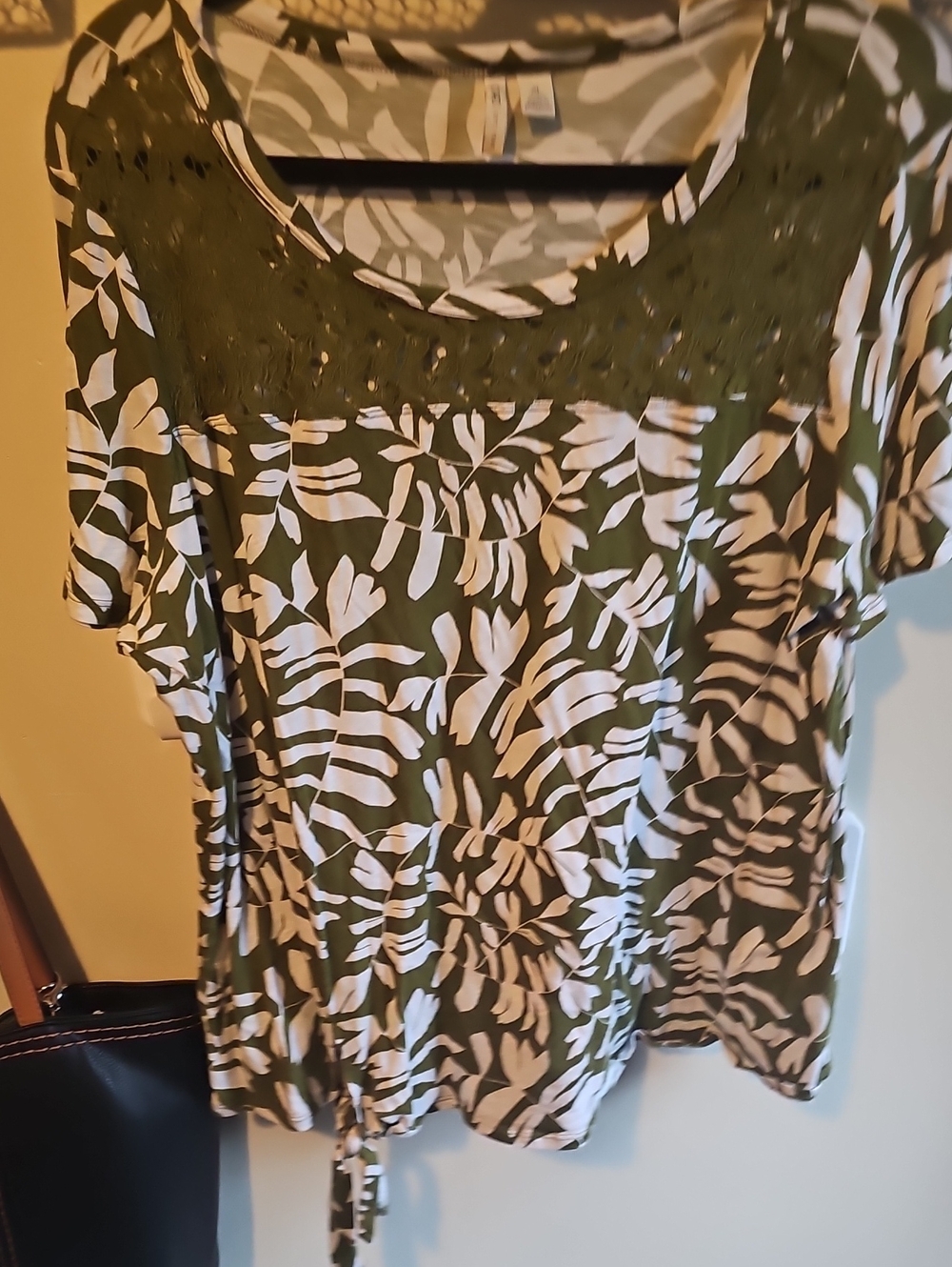 Cato Olive Green and White Leaf-Print Crochet Yoke Short Sleeve Top